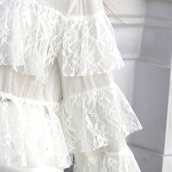 Apricot Casual Women's Contrast Lace Ruffle Hem Elegant Blouse - Picture 7 of 7